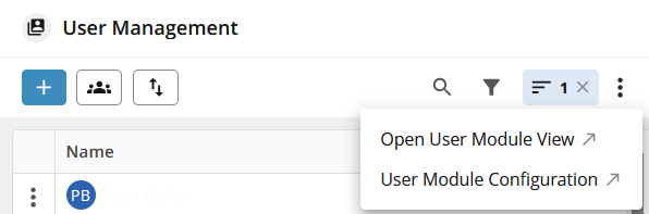 User Management interface showing options for user module view and configuration.
